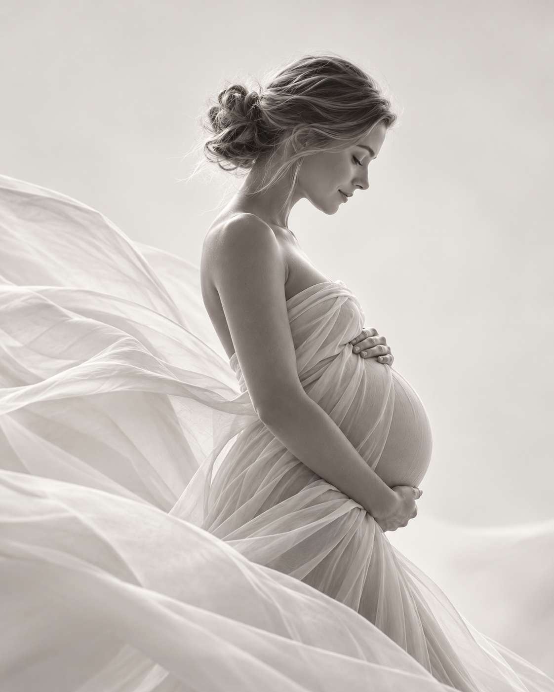 Expectant mother gently cradling her belly, draped in soft flowing fabric